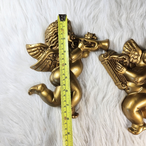 Vintage Gold Hard Foam Musical Cupid Wall Plaques Set Of 2 Hollywood Regency - Picture 3 of 4